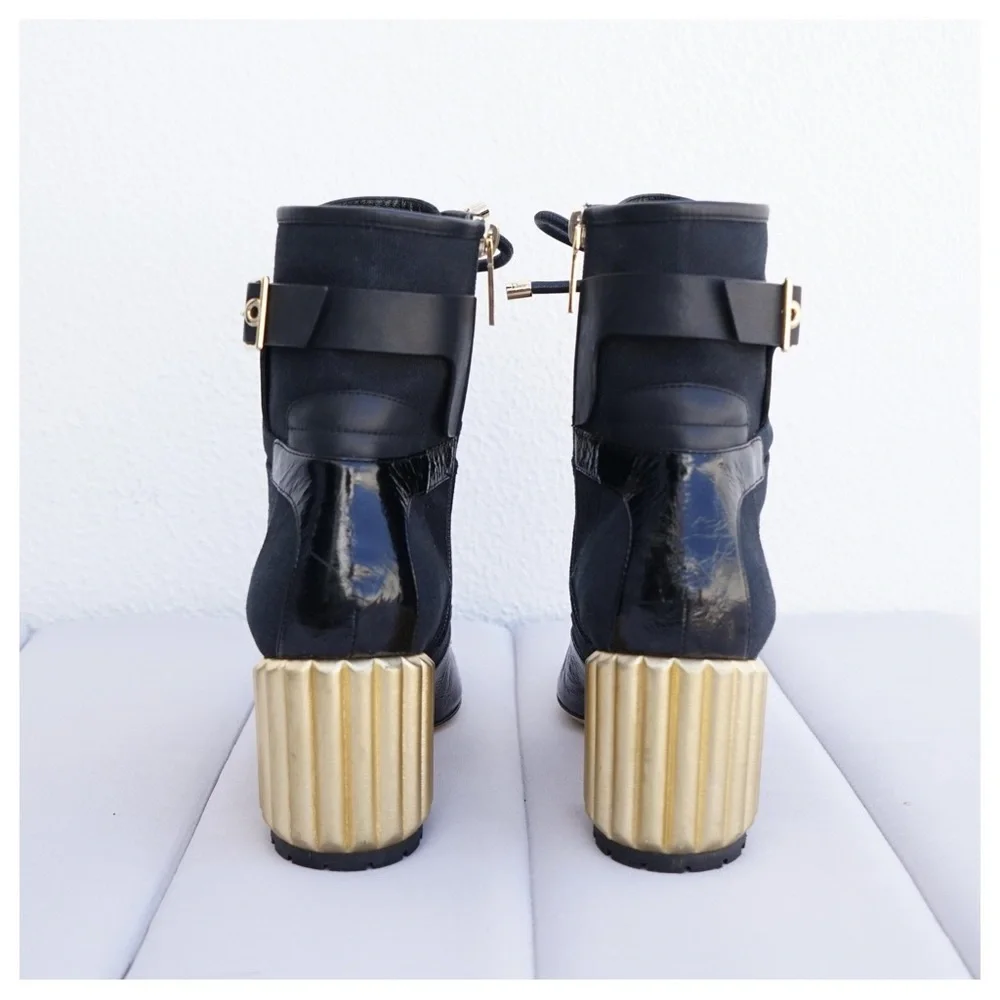 Dior Black Canvas and Crinkled Leather Sculpted Block Heel Ankle Boots Size 38.5 - Picture 6 of 10